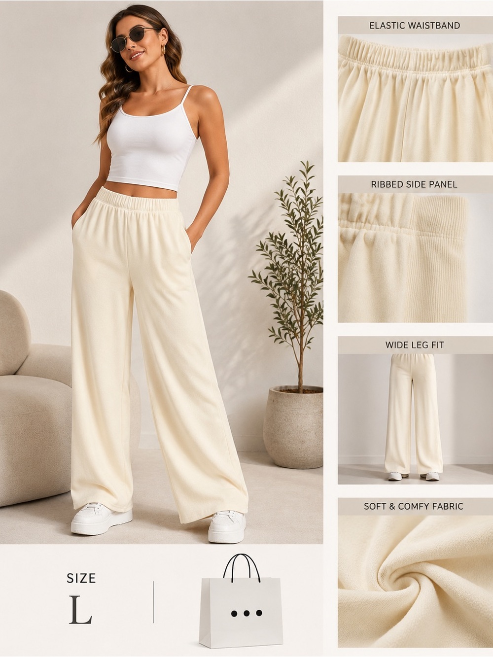Three Dots Cream Wide-Leg Lounge Pants